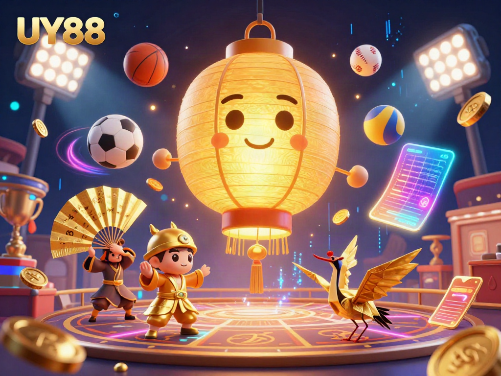 Experience the excitement of UY88 with vibrant golden characters and dynamic sports elements in a magical casino scene.