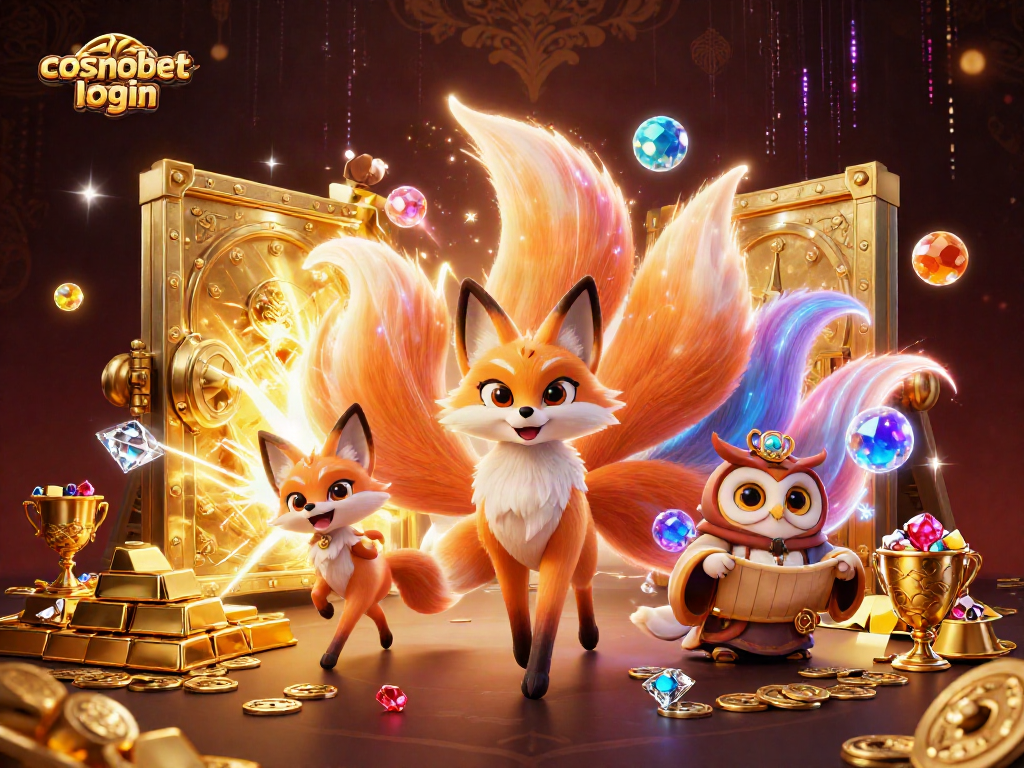 Experience the vibrant world of Cosmobet login with a magical nine-tailed fox, treasures, and orbs!