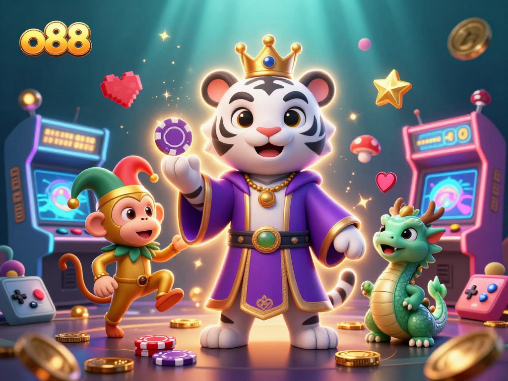 Experience exciting slots and jackpots at o88 casino with vibrant 3D characters and animated gaming scenes.