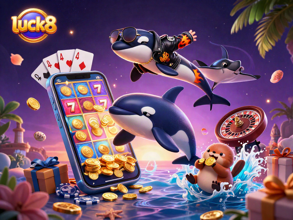 Experience luck8 with a thrilling 3D illustration of gaming characters, coins, and vibrant casino elements.