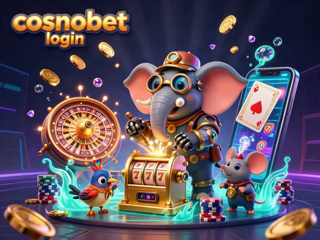 Engage with the vibrant scene of cosmobet login showcasing a steampunk elephant at a golden slot machine.