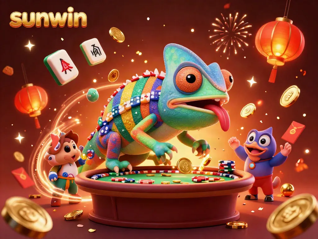 Engage in exhilarating moments with Sunwin's vibrant chameleon casino owner, surrounded by festive gaming elements.