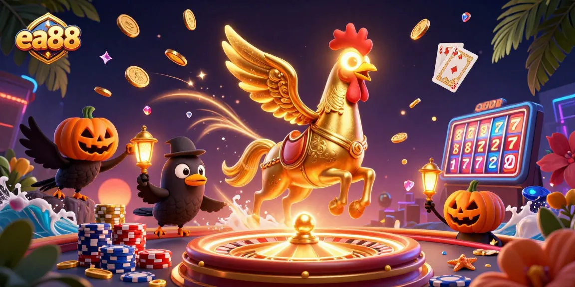 Win big at ea88 with a mystical rooster hero navigating a vibrant casino adventure.