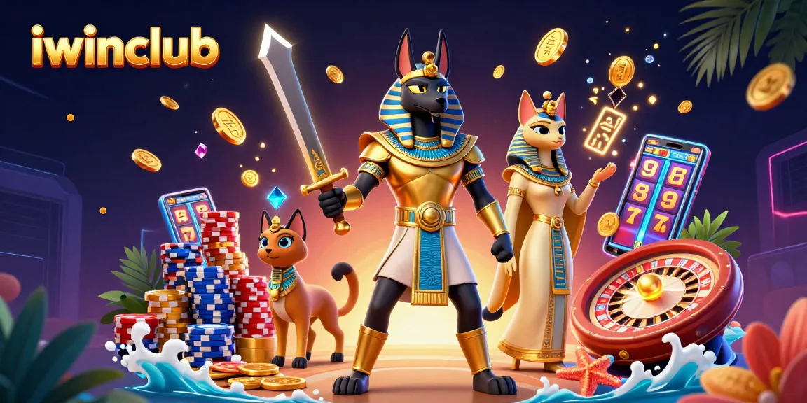 Enter the world of iwinclub with Anubis and Bastet among gems and coins in a vibrant casino scene.
