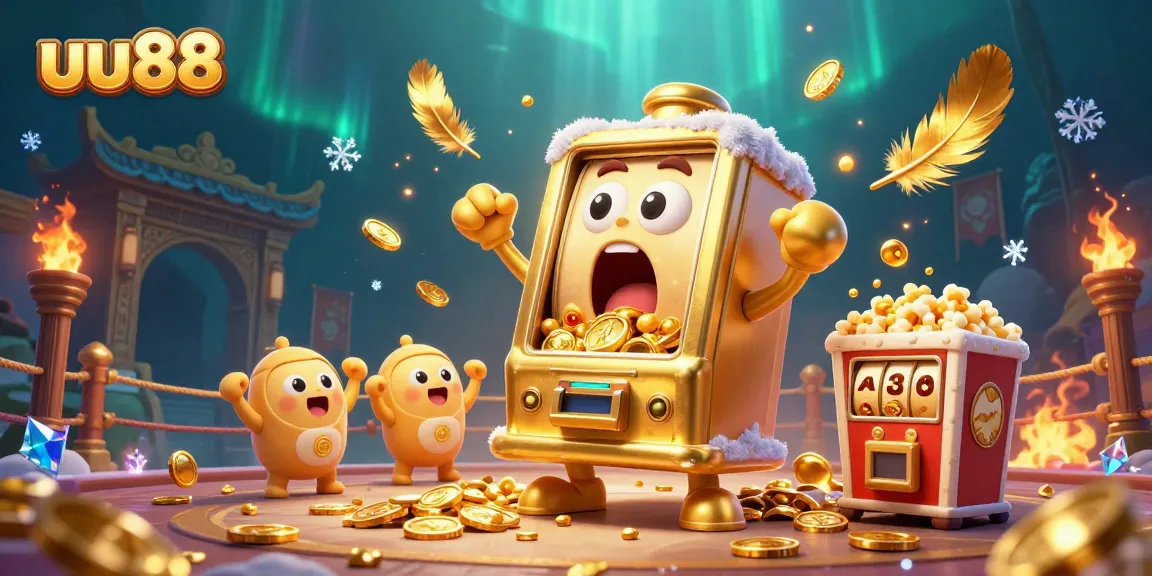 uu88 golden slot machine celebrating its jackpot, surrounded by cheering machines and dynamic casino elements
