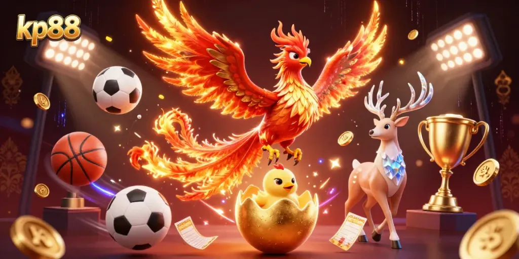 Bet on kp88 with dynamic sports elements and magical creatures in a vibrant, engaging scene.