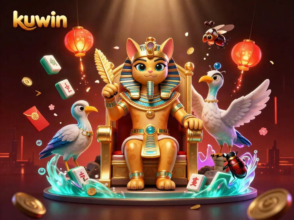 Engage in thrilling action with kuwin's vibrant 3D casino illustration showcasing Egyptian themes and casino elements.