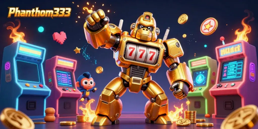 Experience the excitement of Phantom333 with a dynamic golden gorilla mech and colorful arcade elements bursting with coins.