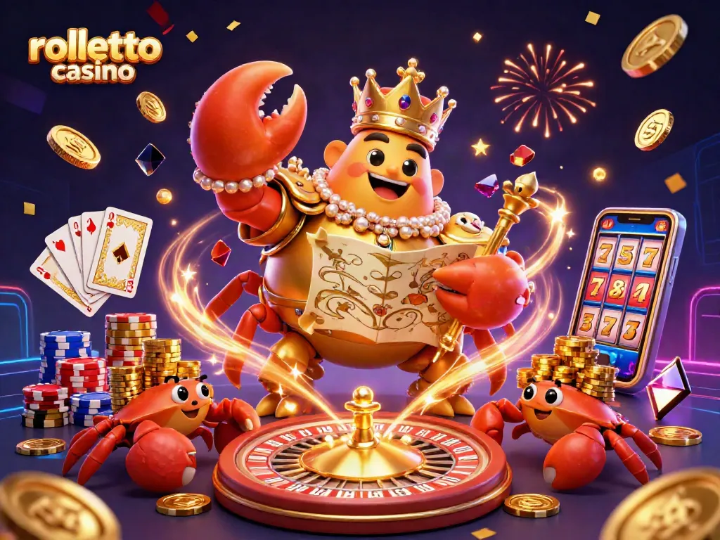 Experience the wealth of rolletto casino with a golden crab emperor amidst a vibrant gaming scene.