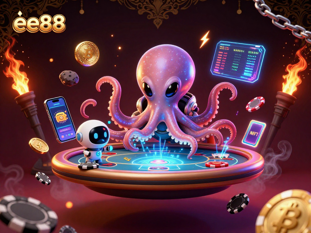 Play exciting games at ee88 with an alien octopus and floating poker table amidst glimmering crypto coins.