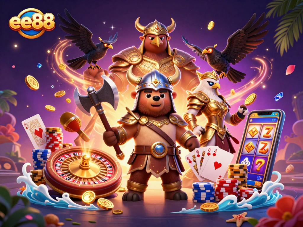 Experience thrilling wins at ee88: a dynamic 3D casino scene filled with vibrant characters and gambling excitement.