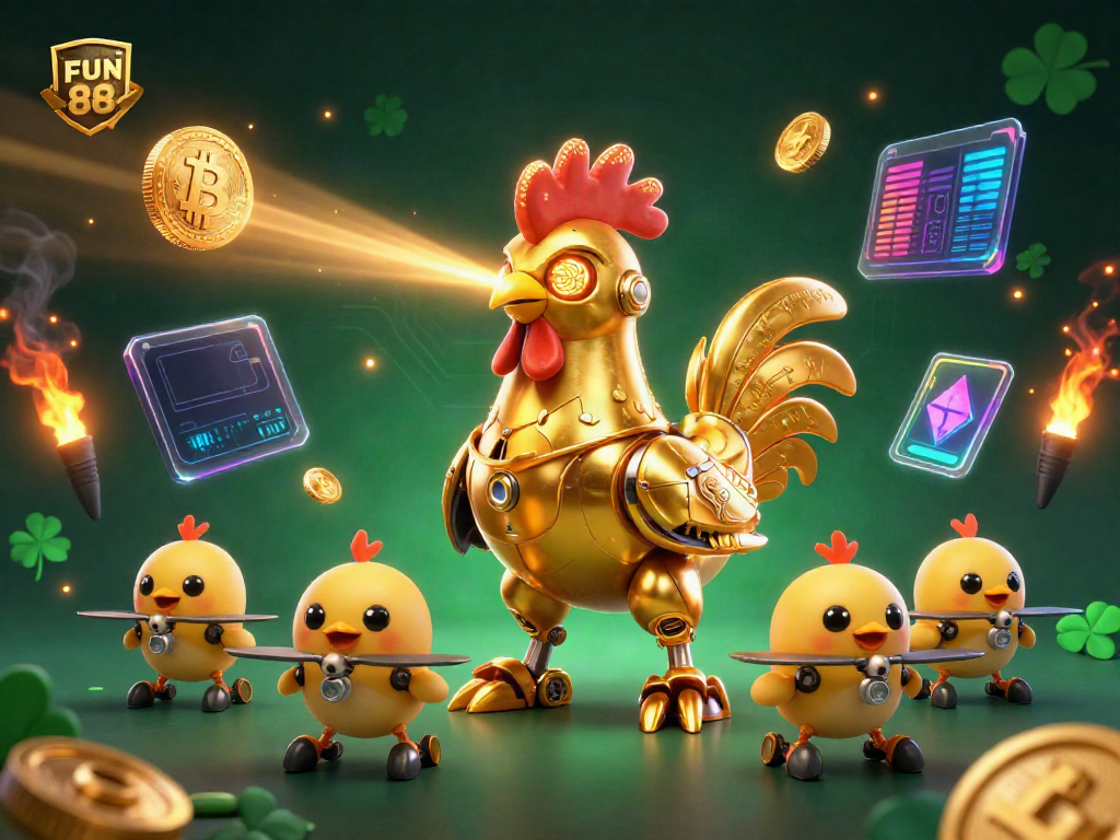 Engage in FUN 88's online gaming adventure with a vibrant illustration featuring a futuristic rooster robot and cryptocurrencies.