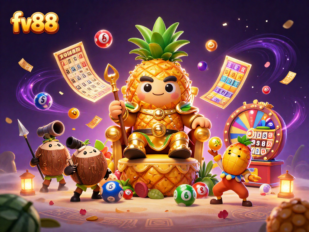 Experience the thrilling games at fv88 with vibrant lottery balls and engaging casino characters.