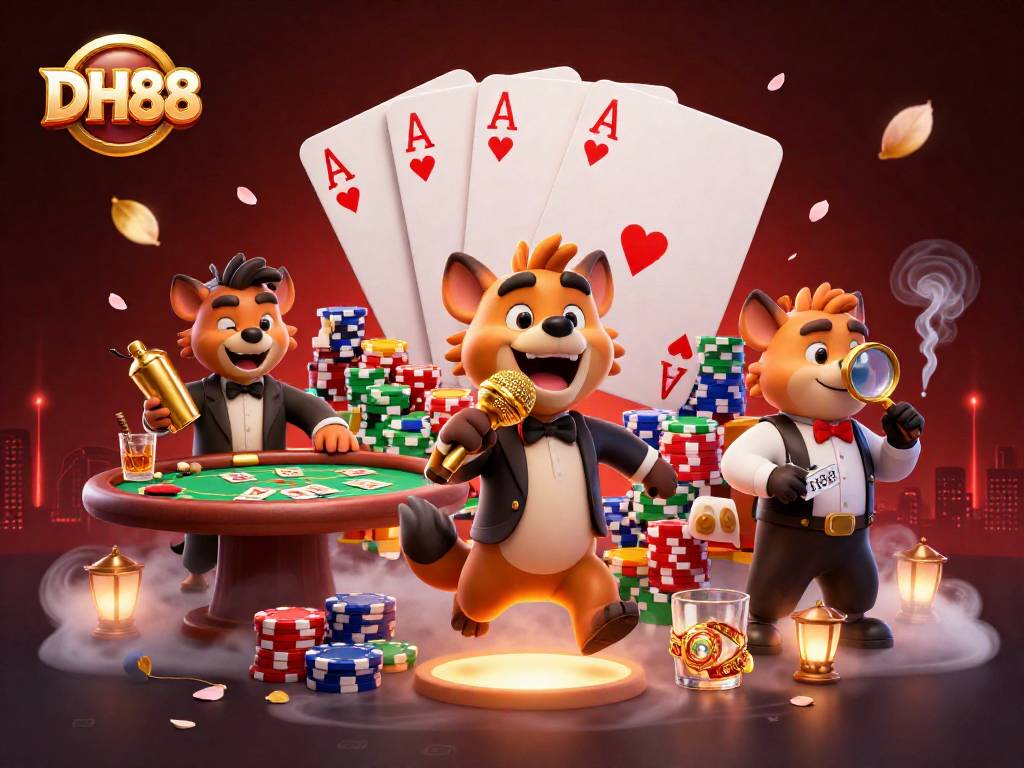 Experience the excitement of DH88's gambling world with a lively cartoon scene filled with casino action.