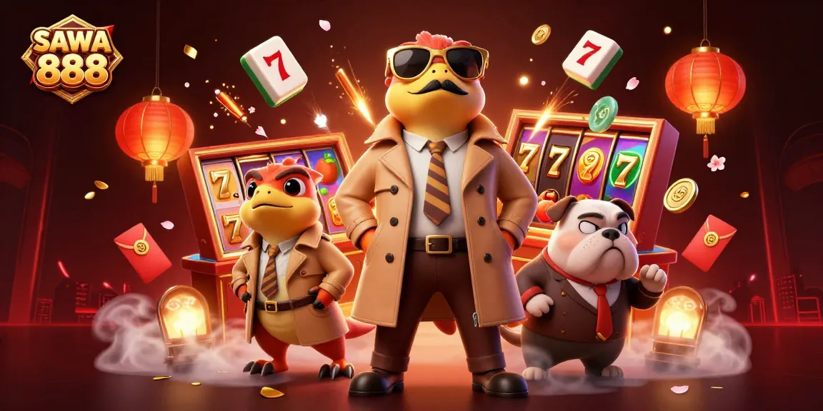 Experience vibrant slot action with SAWA 888, featuring three raptors in a trench coat at a casino entrance.
