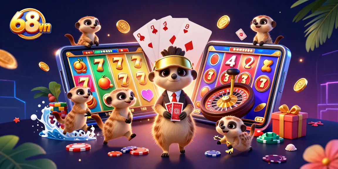 Engage with the bustling 68win casino scene featuring meerkats and exciting gambling elements.
