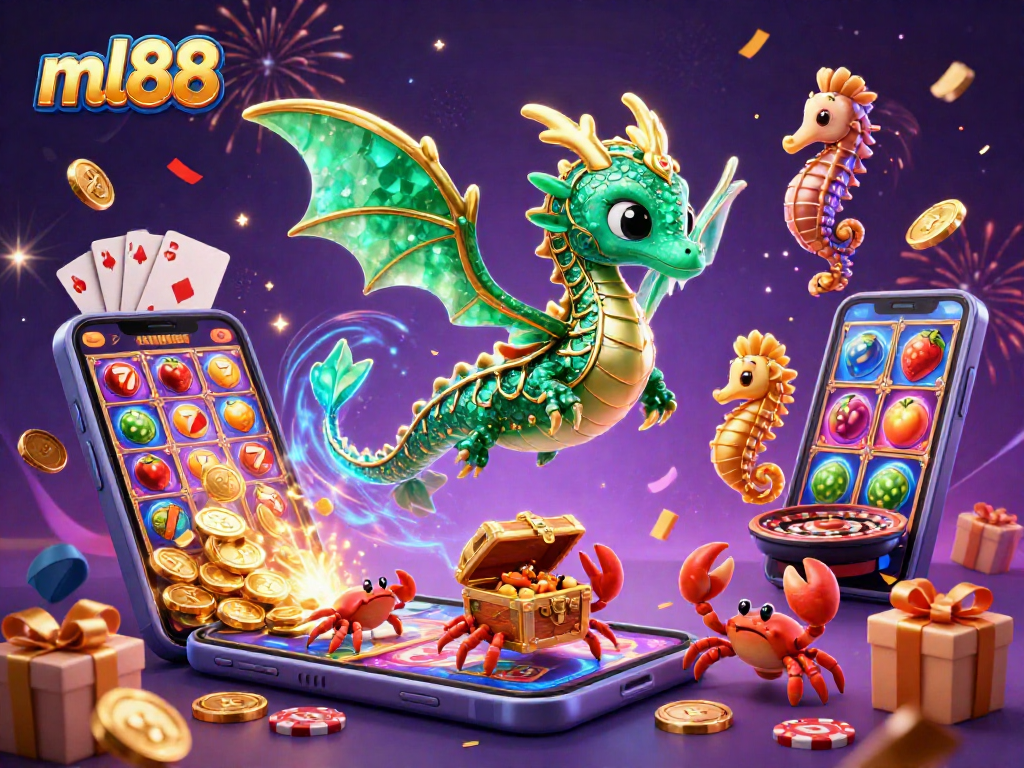 Engage with ml88's vibrant 3D casino scene featuring a sea dragon, slot games, and festive elements.