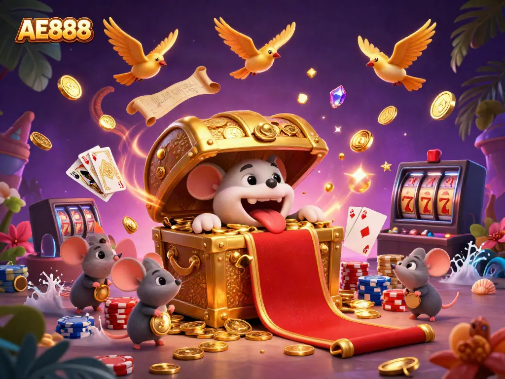 Experience the excitement at AE888 Casino with adventurer mice and treasure elements!
