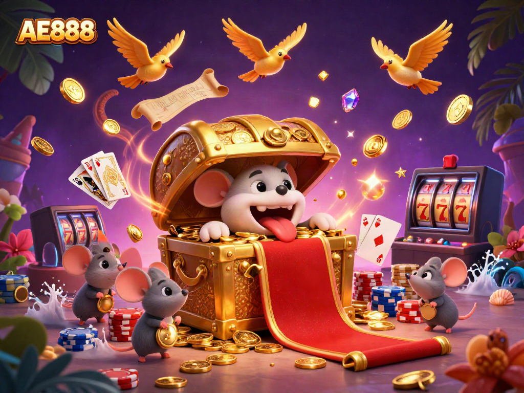 Experience the excitement at AE888 Casino with adventurer mice and treasure elements!