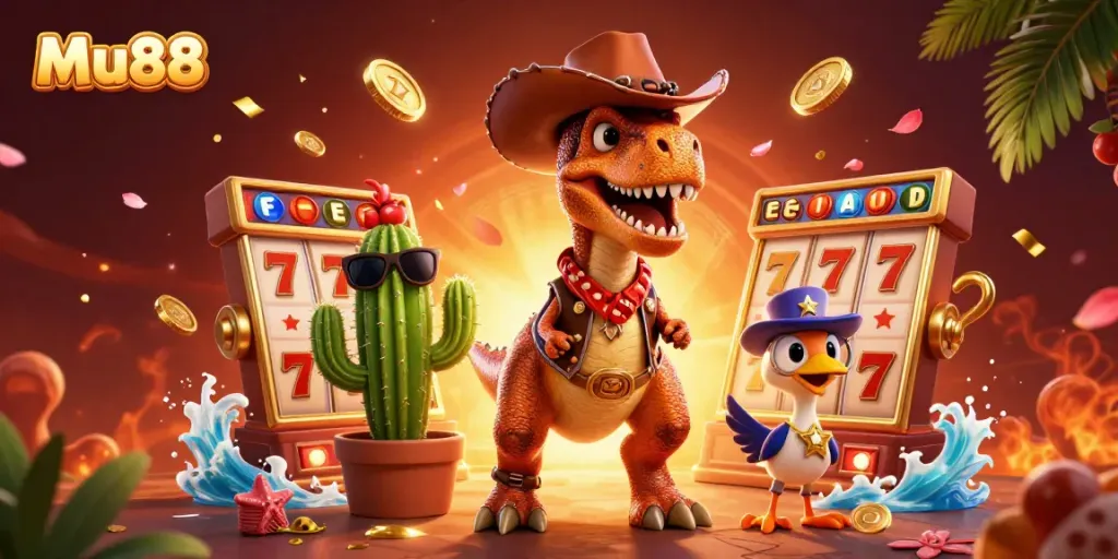 Engage in an exciting Mu88 casino adventure with a T-Rex, cactus sidekick, and roadrunner amidst jackpot icons.