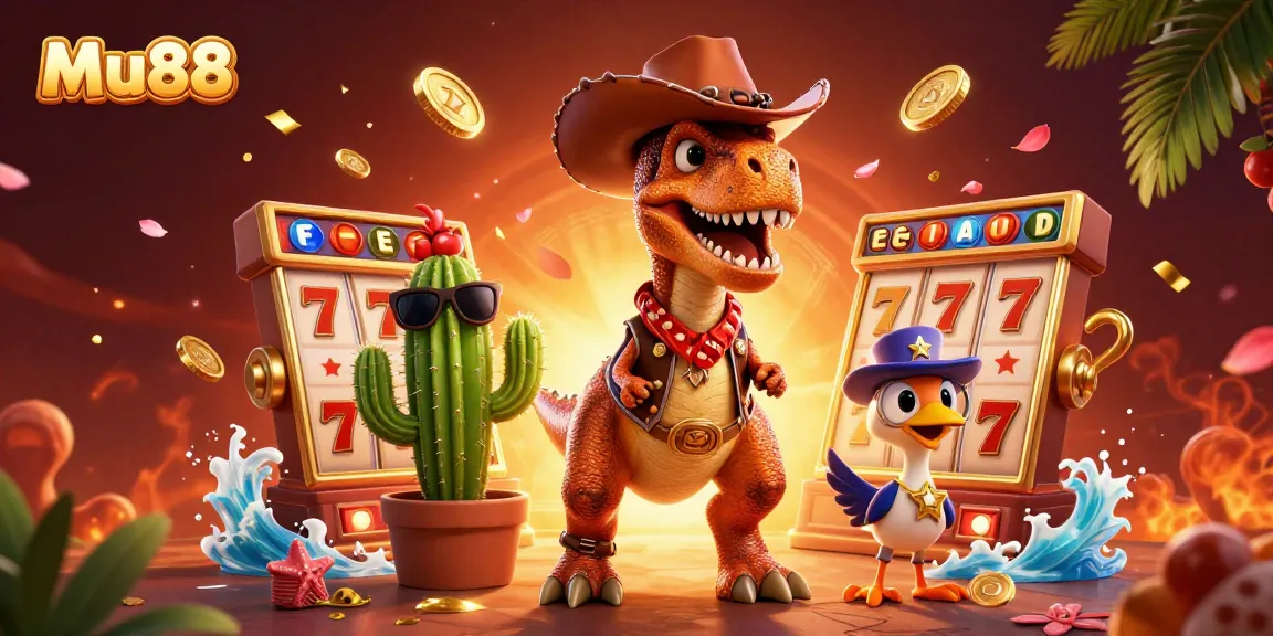 Engage in an exciting Mu88 casino adventure with a T-Rex, cactus sidekick, and roadrunner amidst jackpot icons.