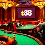 Gambling action at tt88 casino with poker chips, vibrant tables, and roulette.