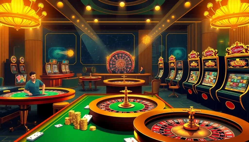 Cwin com đăng nhập, vibrant online casino scene with players at tables, roulette, slot machines.
