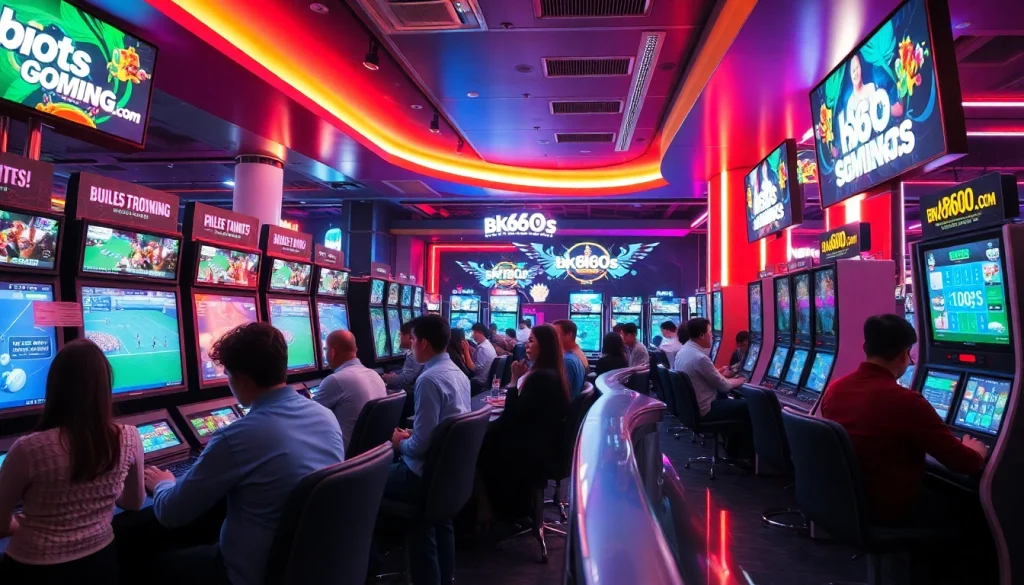 Exciting scene of online gaming at bk860s.com featuring diverse players and modern gaming booths.