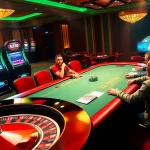 Poker players strategizing at https://99okwin.live, surrounded by slot machines and roulette wheels.