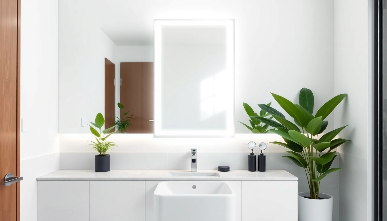 Admire the elegant led mirror reflecting a stylish modern bathroom with soothing decor.
