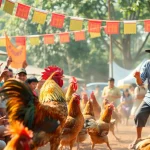 Experience the excitement of live chicken fighting at dagawin.live, featuring vibrant spectators and dynamic action.