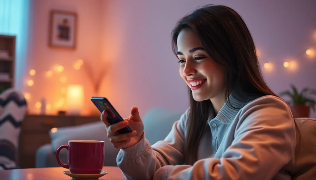 Engaging chat with an AI girlfriend on a smartphone in a cozy setting.