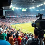Engaging scene of sports broadcasting with enthusiastic fans and vibrant atmosphere.