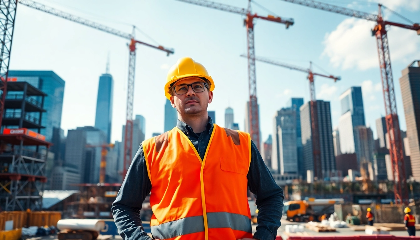 New York City Construction Manager directing operations on an active construction site.