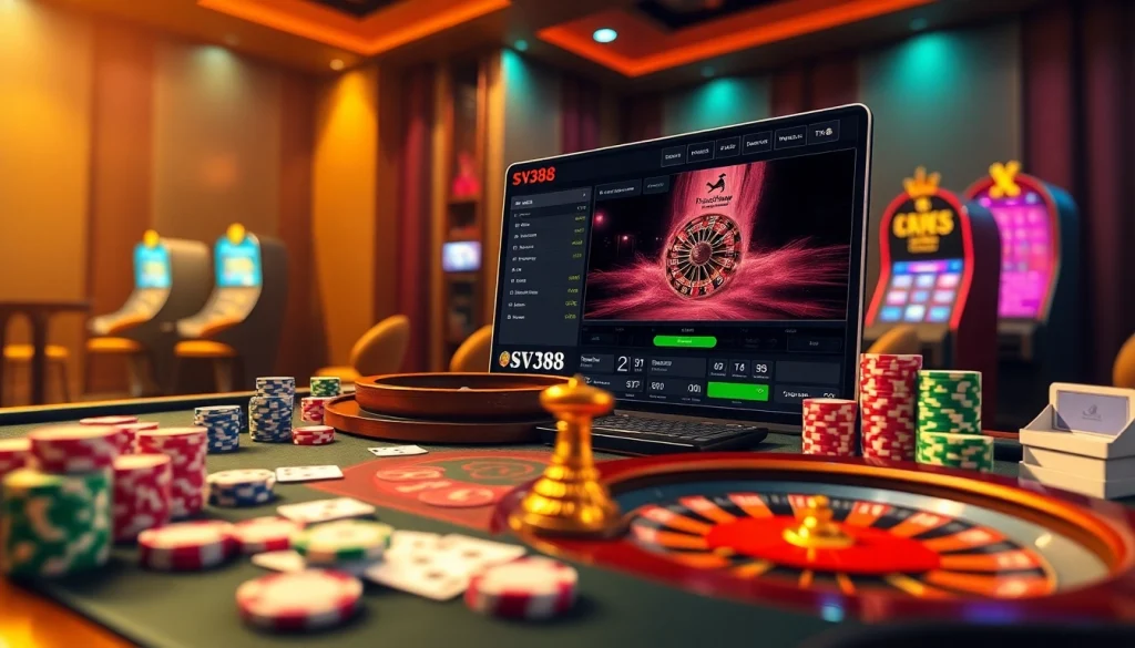 Engage in thrilling gameplay at SV388, featuring vibrant casino elements like cards and roulette wheels.