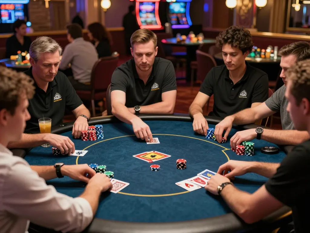 Players competing at a poker table in the lively atmosphere of Da88 casino, showcasing strategic gameplay.