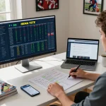 Expert analyzing keonhacai betting odds in a modern home office with live data on screen.