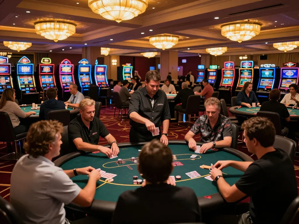 Players strategizing in a vibrant atmosphere at 32win casino, engaging at poker tables.