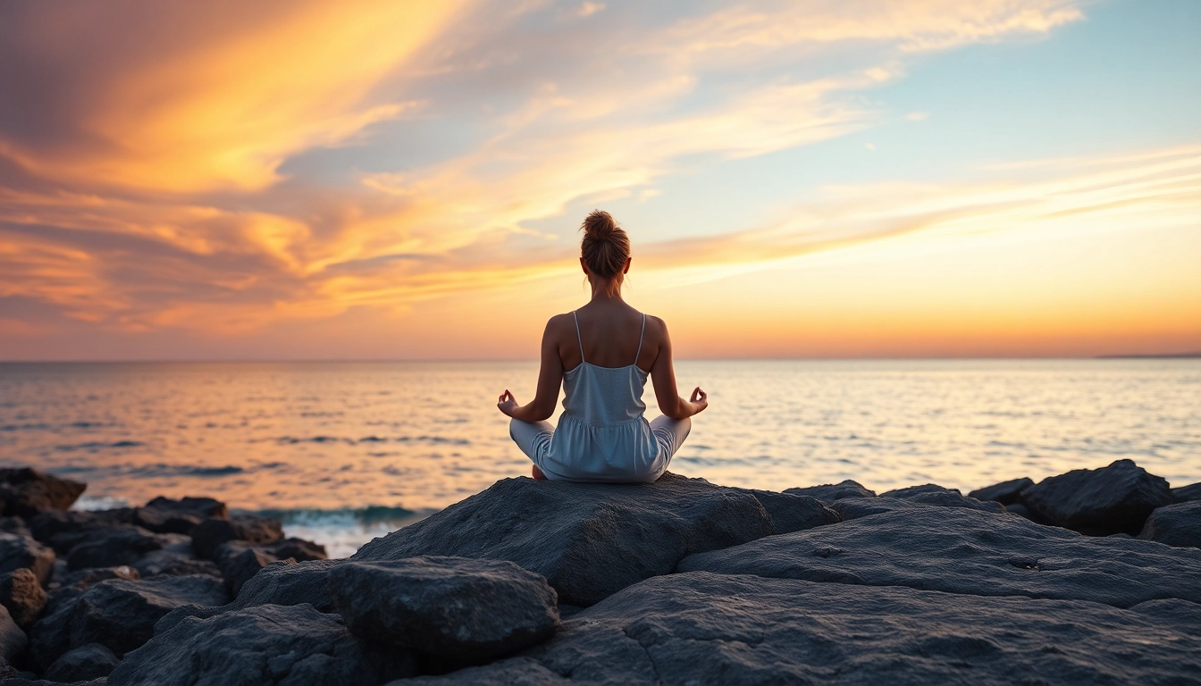 Enhance mental wellness through tranquil meditation by the sea at sunset.