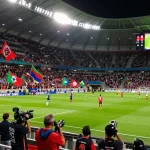 Live soccer match atmosphere with fans cheering on Okwintv platform, showcasing vibrant colors and stadium action.