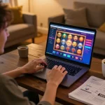 Playing slots at https://dn882.pro/ on a cozy home gaming setup with vibrant online casino interface