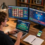 NoHu player focusing on winning strategies during online blackjack in a stylish gaming setup