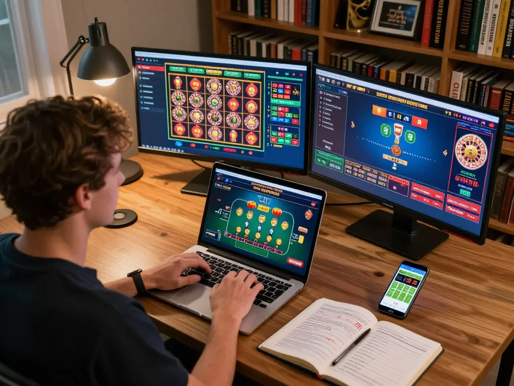 NoHu player focusing on winning strategies during online blackjack in a stylish gaming setup
