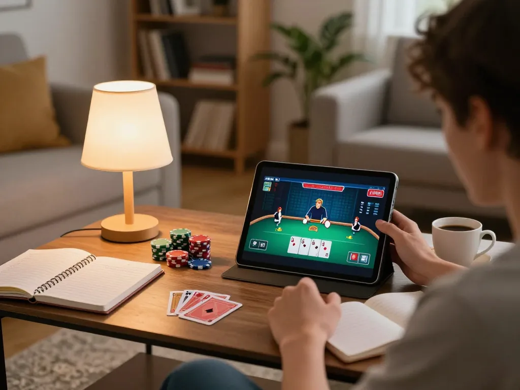 Play poker online using the 12bet link in a cozy living room setting with strategic notes.