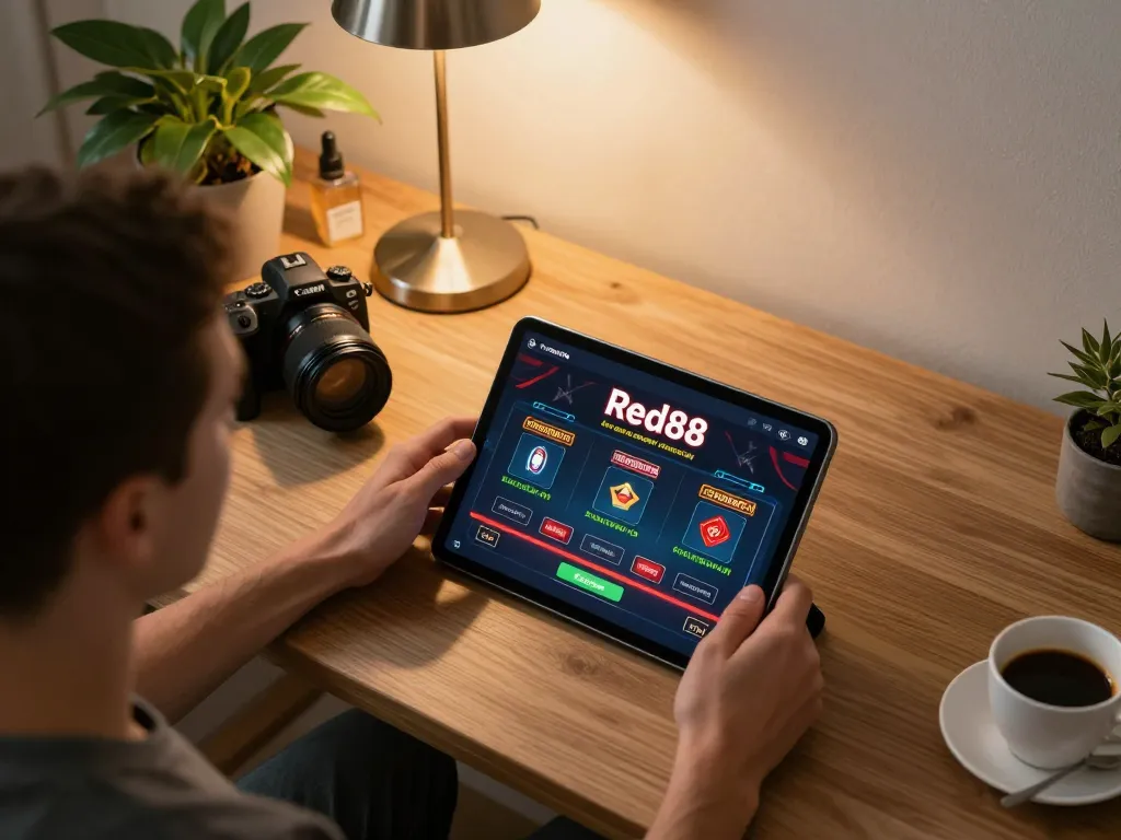 Engaged user analyzing gameplay on the Red88 casino app from a comfortable home setup.