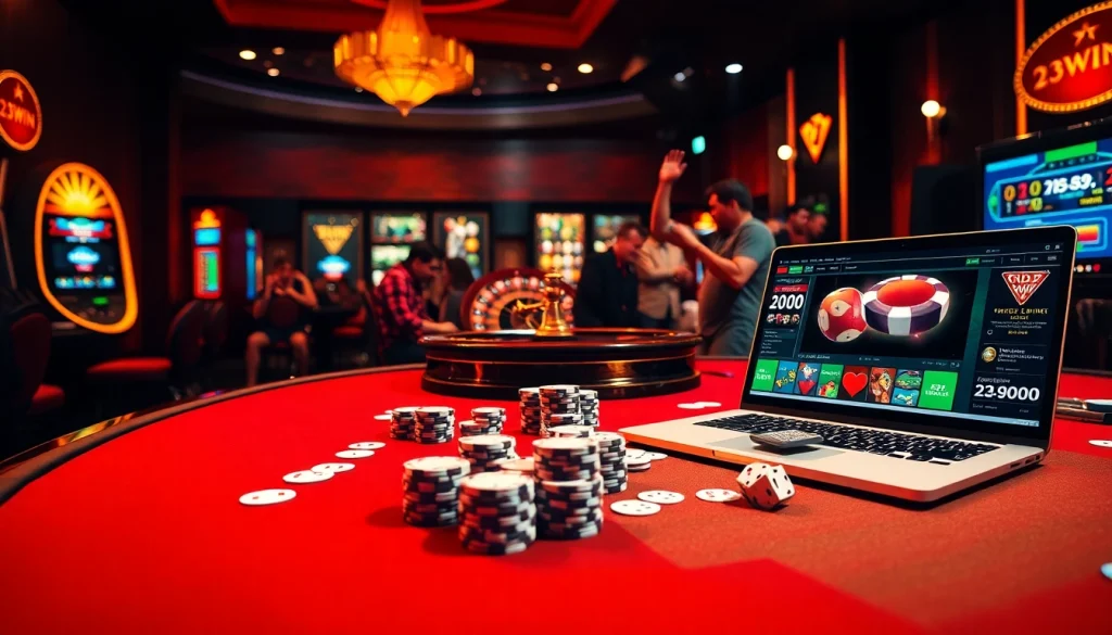 Poker game setup at 23win casino with vibrant chips and cards on the table.