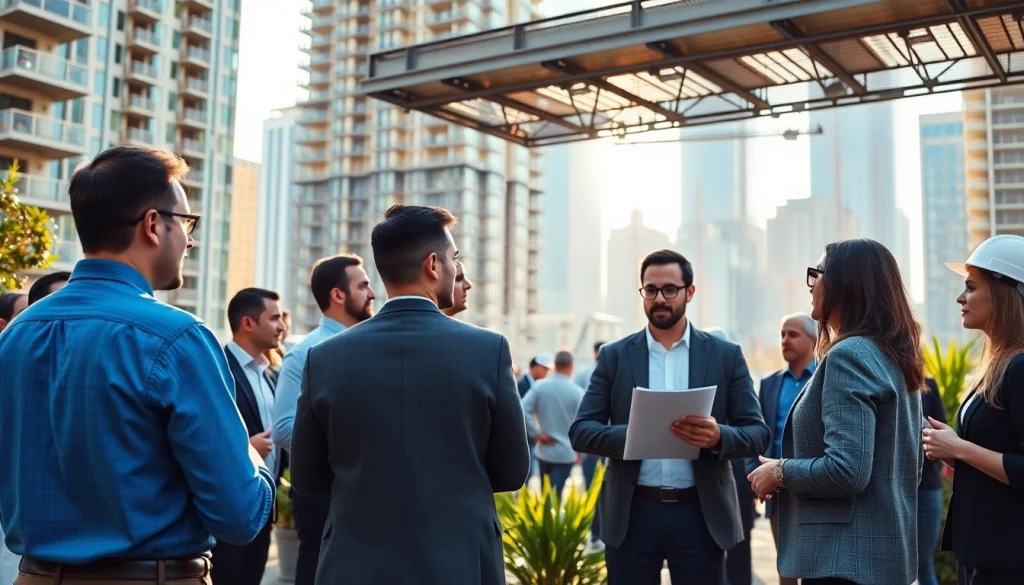 Engage in construction networking events with industry professionals exchanging ideas outdoors.