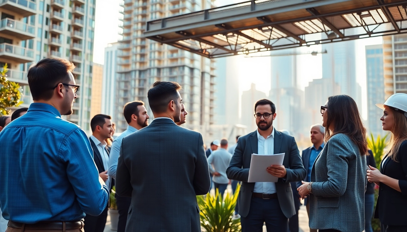 Engage in construction networking events with industry professionals exchanging ideas outdoors.