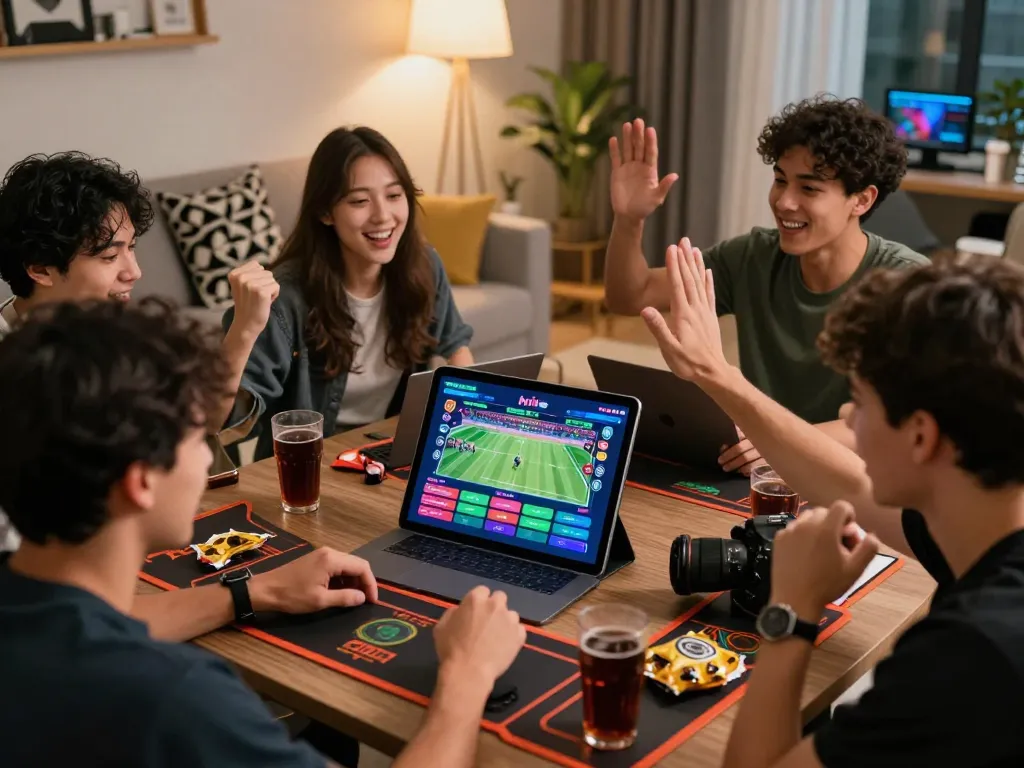 Exciting group of friends engaged in online betting activities with the rikbet app, surrounded by sports-themed decor.