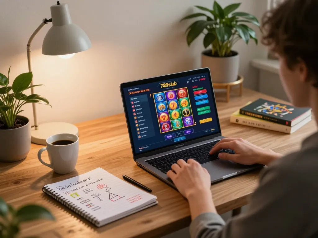Engaged player enjoying 789club online slots and poker in a cozy home setting.
